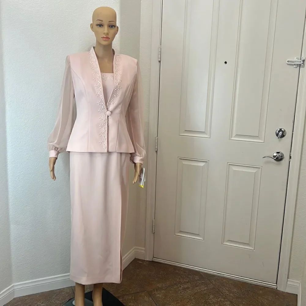 JR Nites Dress & Jacket Formal Size 6 & 8 Petite Beaded 2 Piece Pink Blush Rose